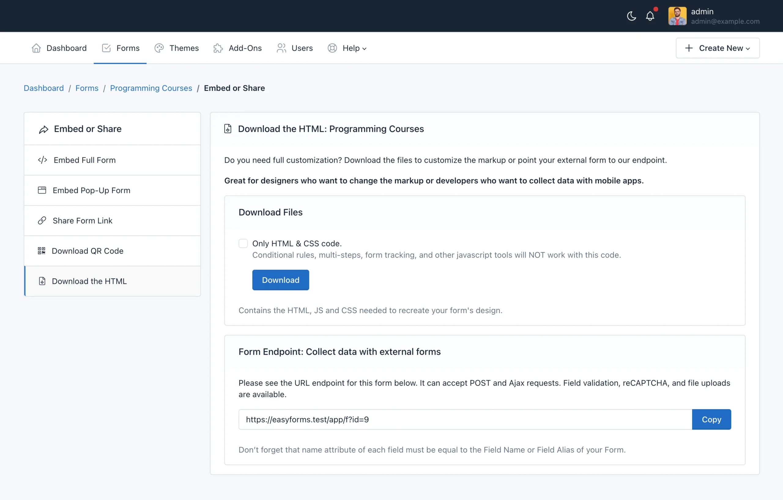 Jazz Forms - Download Html Code - Form Endpoint